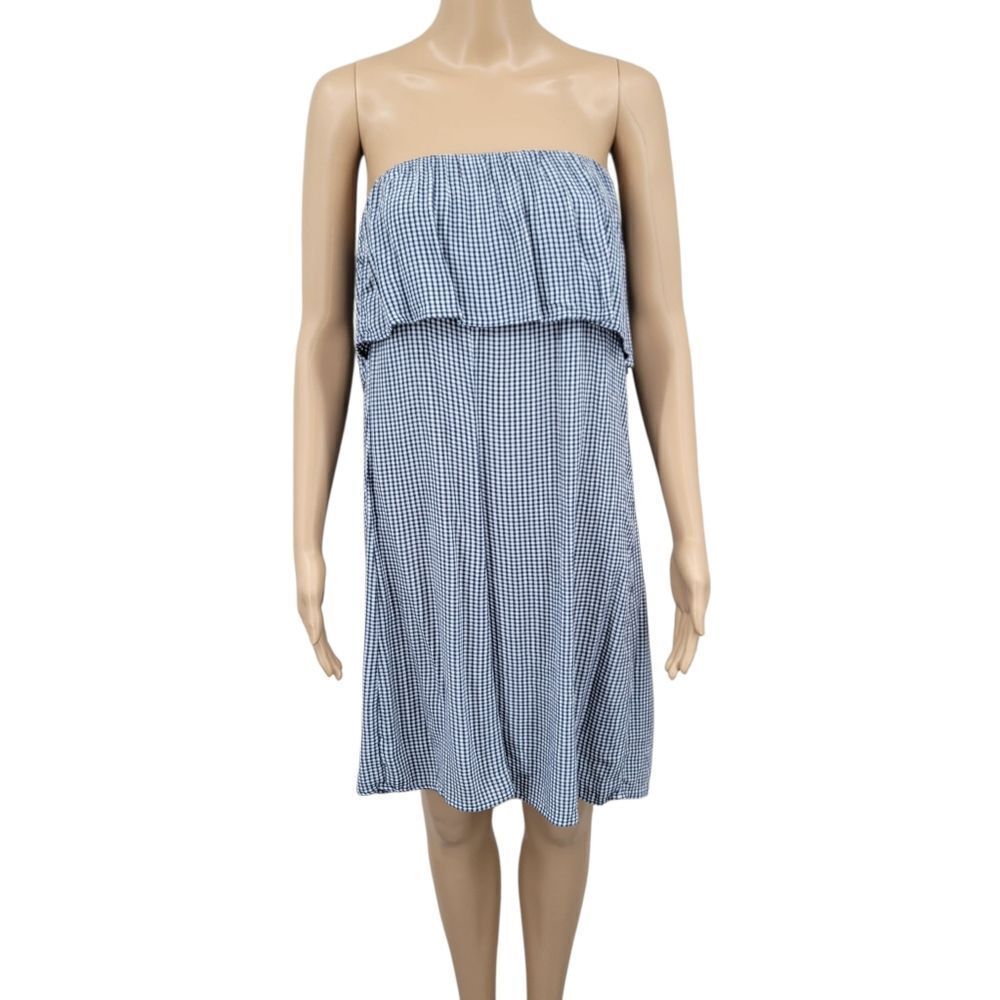 American Eagle Outfitters Navy Gingham โCheckered Strapless Flounce Midi Dress